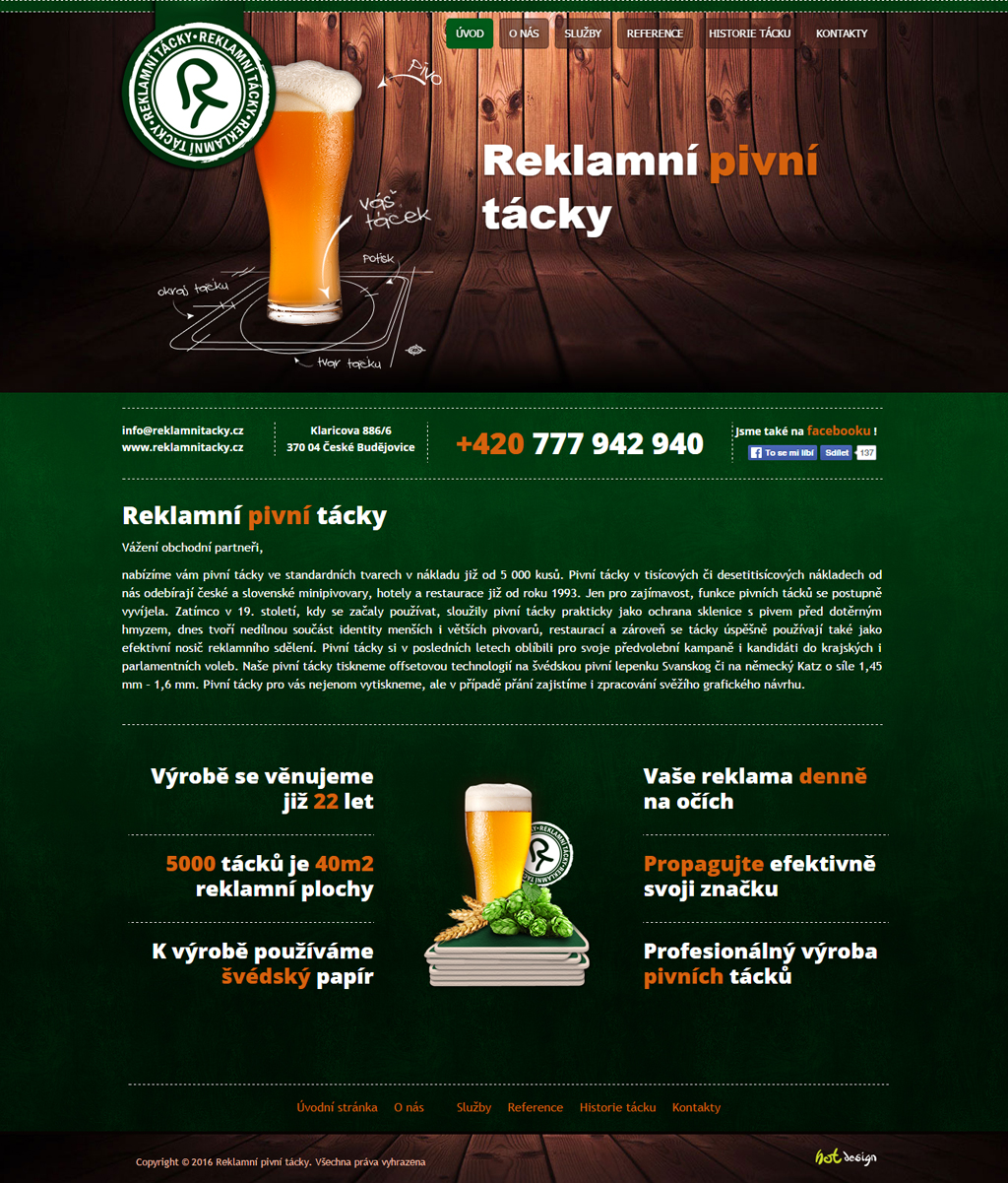 Návrh a tvorba webových stránek
 Reklamní pivní tácky